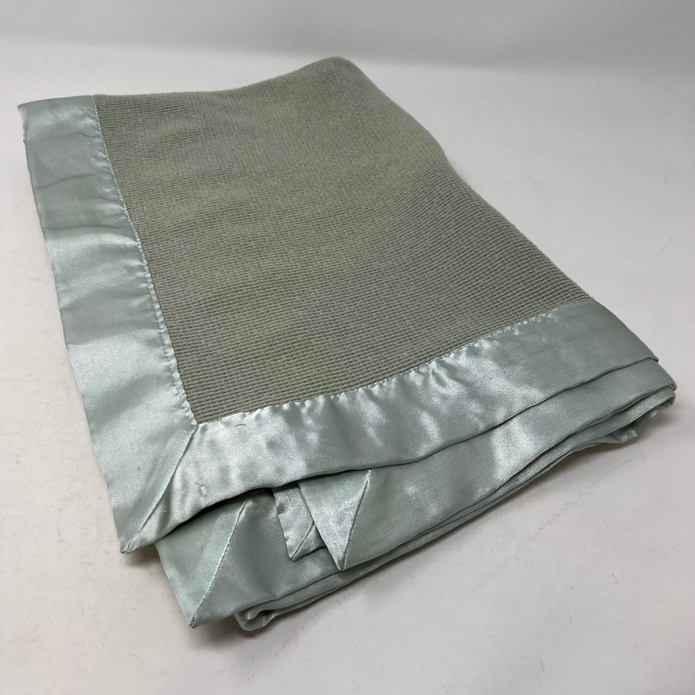 Bright Future Sage Green Thermal Knit Baby Blanket Satin Trim Border RN 116619